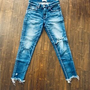 Moussy Vintage Distressed Blue Frayed Hem Ankle Skinny Jeans, Sz 25